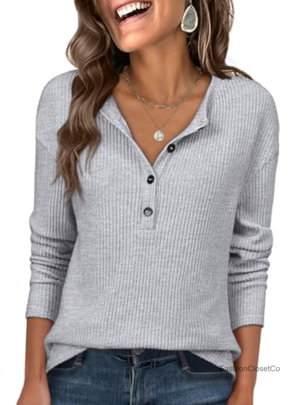 Women's Long Sleeve Henley Tops Dressy Casual Blouse with Button Down